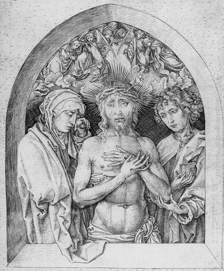 Martin Schongauer The Man of Sorrows with the Virgin Mary and St John the Evangelist